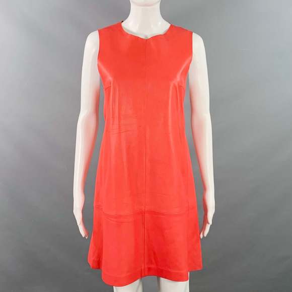 BALENCIAGA Red Coral Lambskin Leather Sleeveless Shift Dress - Picture 1 of 10